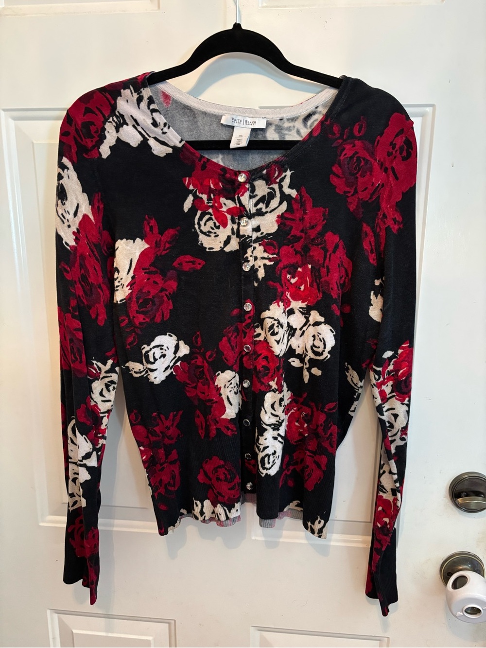 White House Black Market Black Cardigan with Red & Cream Floral Print